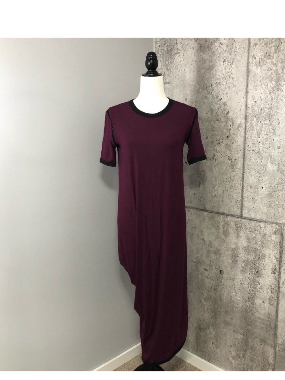 Asymmetrical Short-Sleeve Dress in Plum with Black Trim